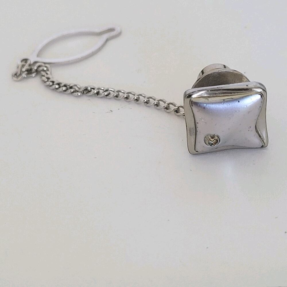 Mila Schon M Logo Tie Pin Clip Tack Silvet Tone Designer Square Minimalist Retro